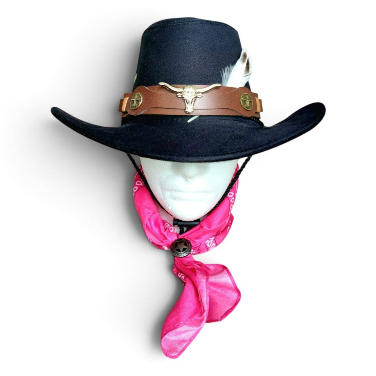 Black Feather Cowboy Hat Set with Bandana & Bolo Tie – 58 cm