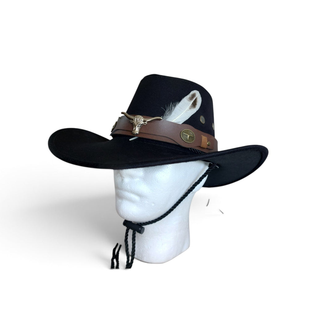 Black Feather Cowboy Hat Set with Bandana & Bolo Tie – 58 cm