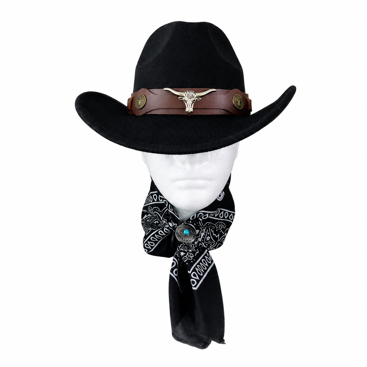Black Feather Cowboy Hat Set with Bandana & Bolo Tie – 57 cm