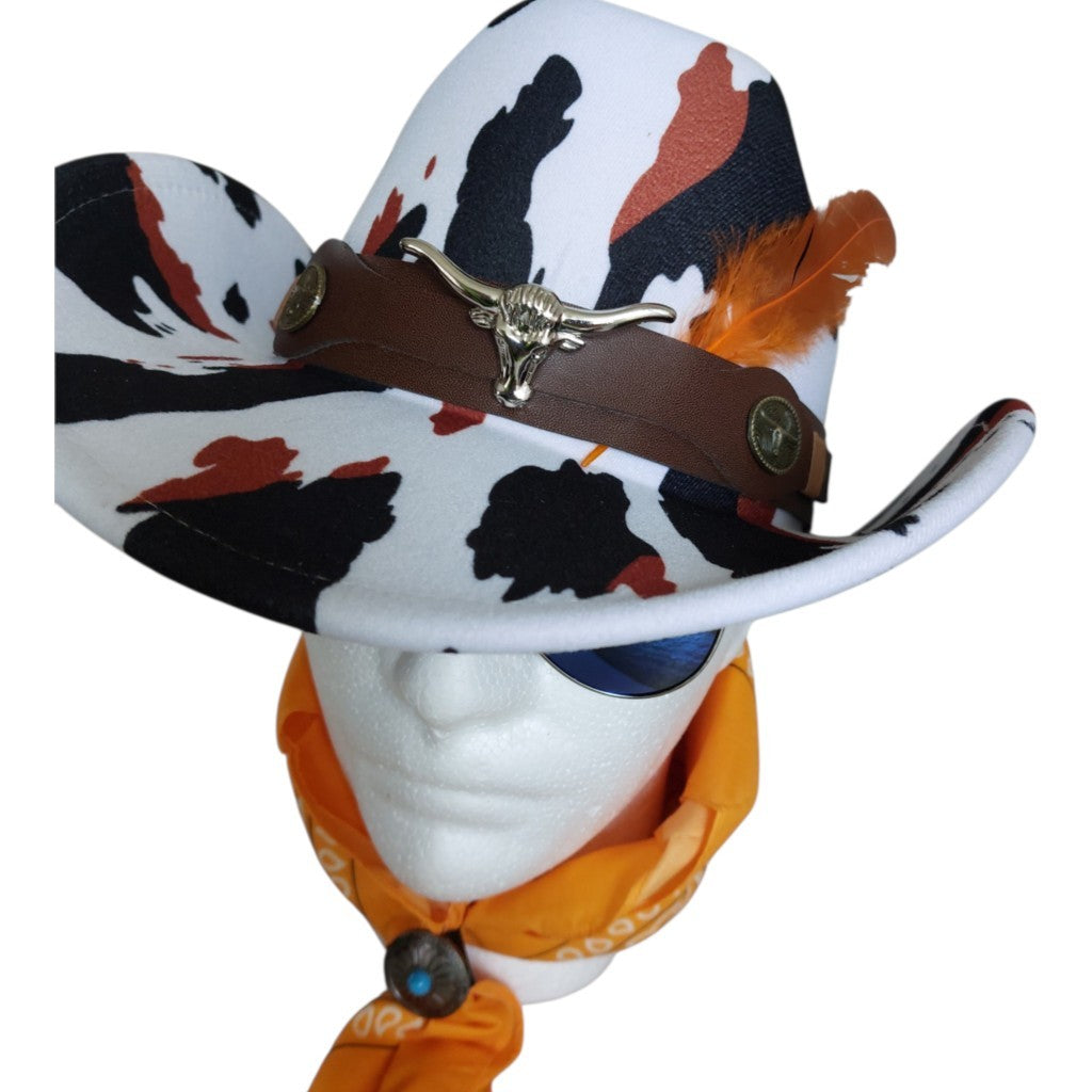 Cowhide Feather Cowboy Hat Set with Bandana & Bolo Tie – 57 cm