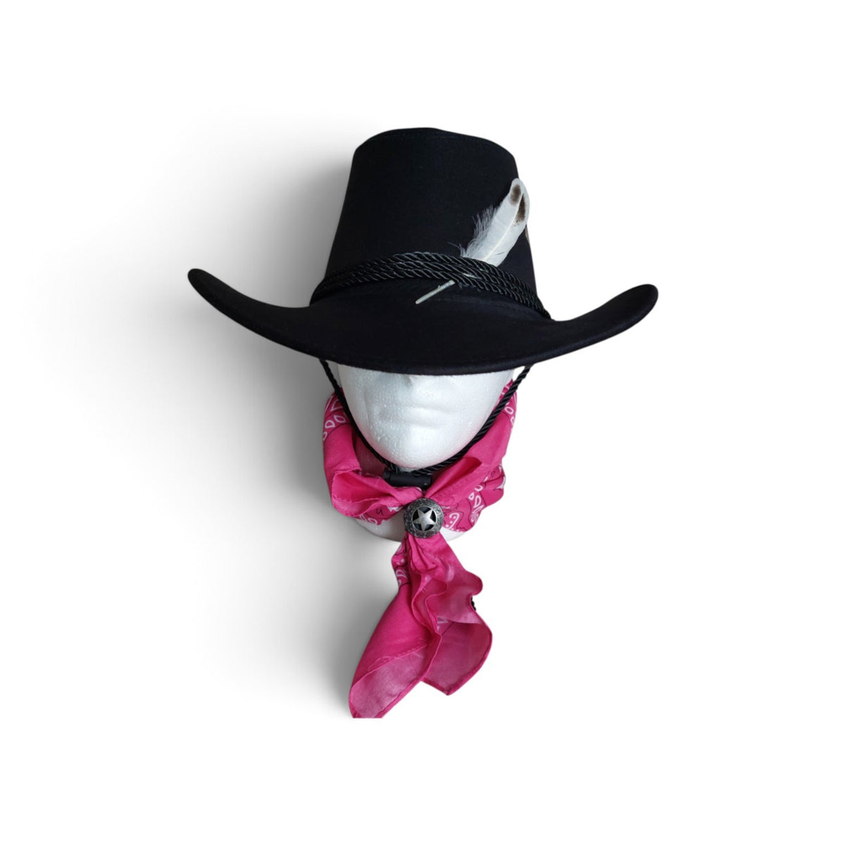 Black Feather Cowboy Hat Set with Bandana & Bolo Tie – 58 cm