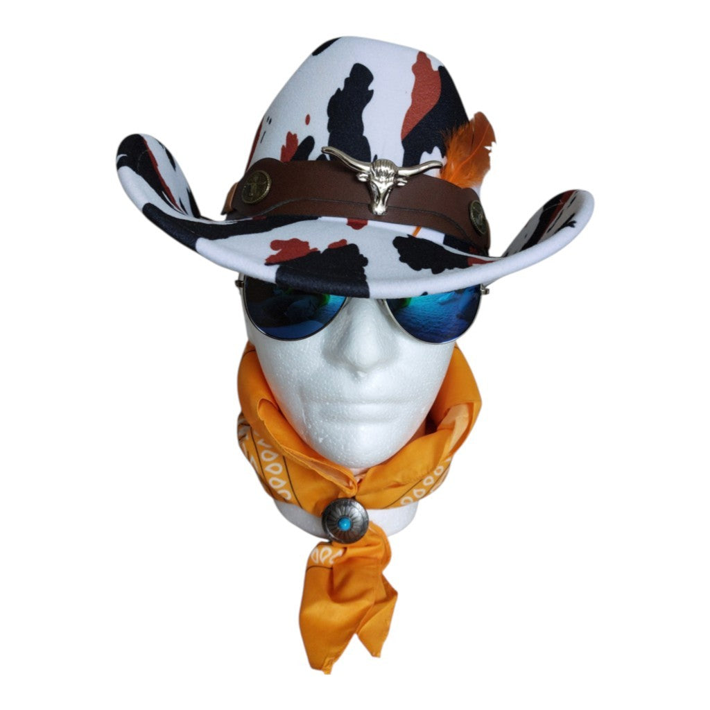 Cowhide Feather Cowboy Hat Set with Bandana & Bolo Tie – 57 cm