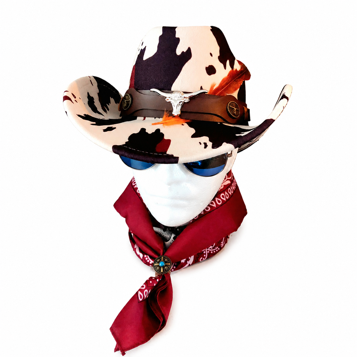 Cow Hide Feather Cowboy Hat Set with Bandana & Bolo Tie – 57 cm