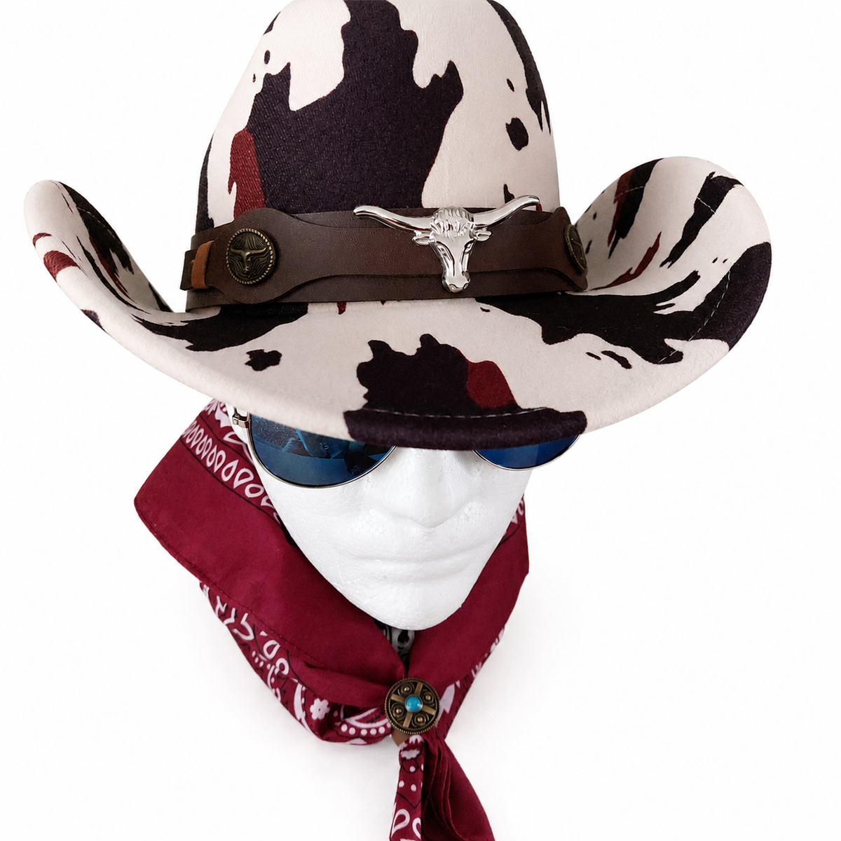 Cow Hide Feather Cowboy Hat Set with Bandana & Bolo Tie – 57 cm