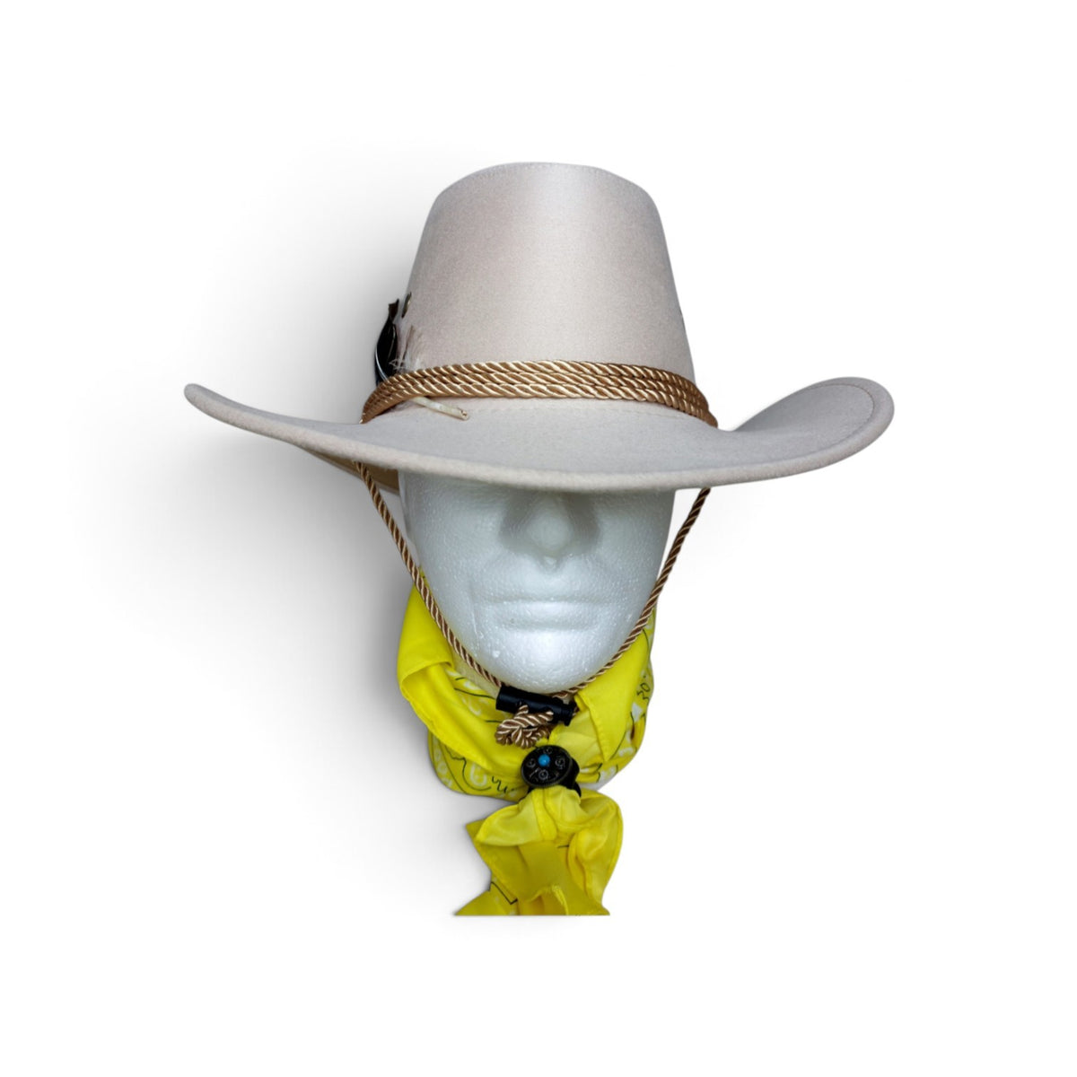 Beige Feather Cowboy Hat Set with Bandana & Bolo Tie – 58 cm