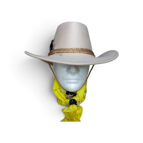 Beige Feather Cowboy Hat Set with Bandana & Bolo Tie – 58 cm